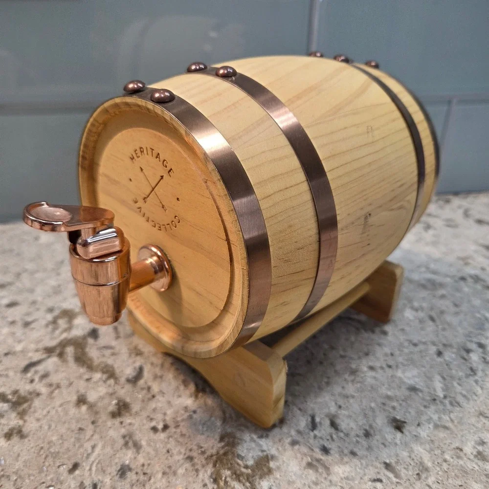Heritage Collective Wood Whiskey Barrel Dispenser Copper Accents  UNUSED